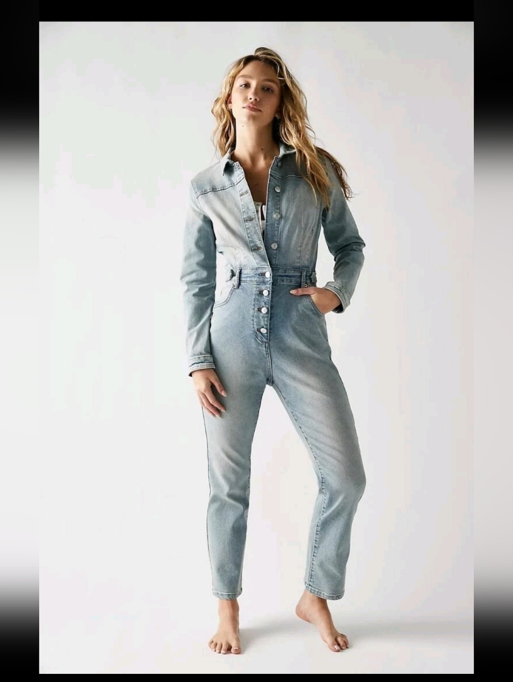 Free People CRVY Scandalous Denim Jumpsuit Coverall Size 8